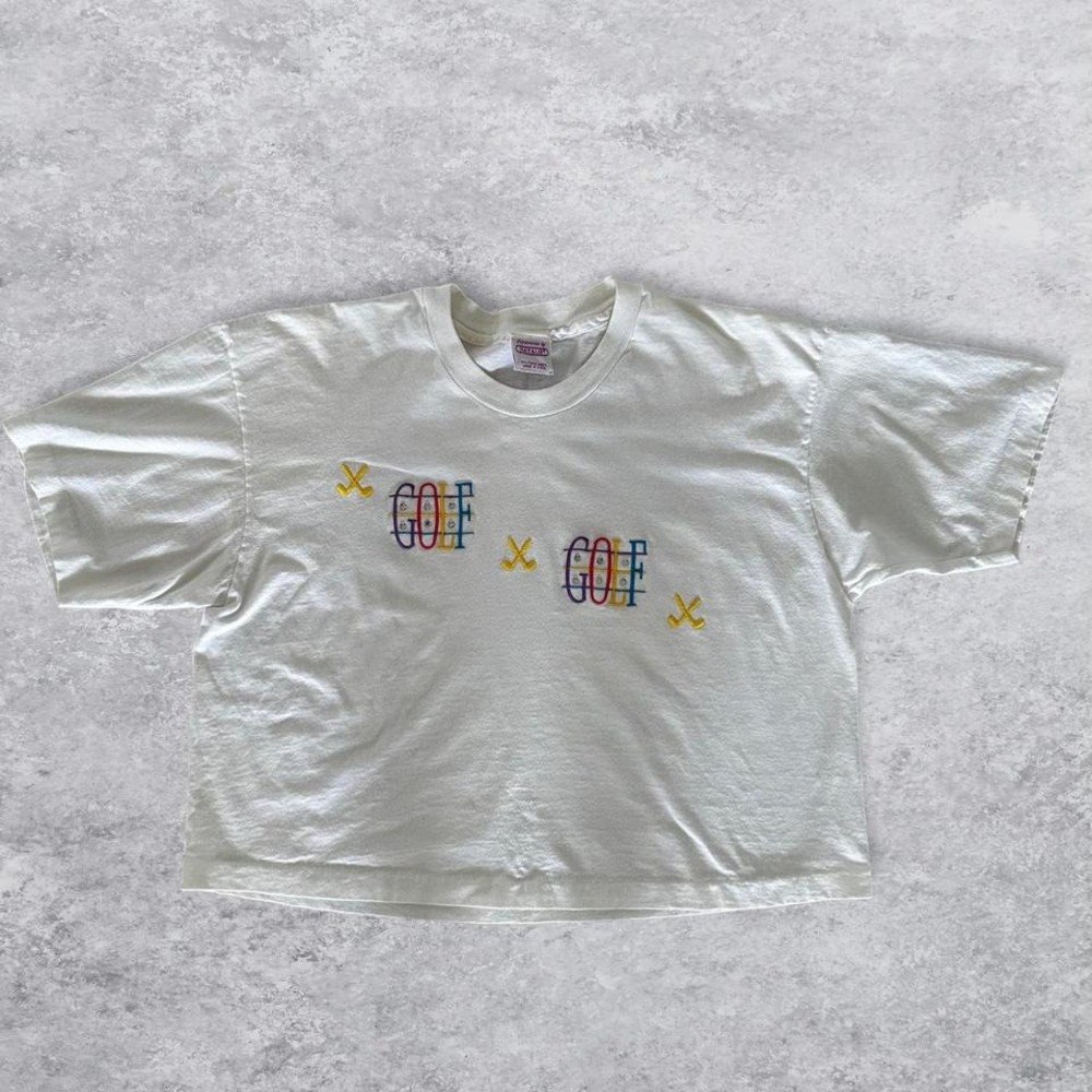 Discoveries by Natalie White Golf Embroidered Rhinestone Crop T-Shirt Womens XL